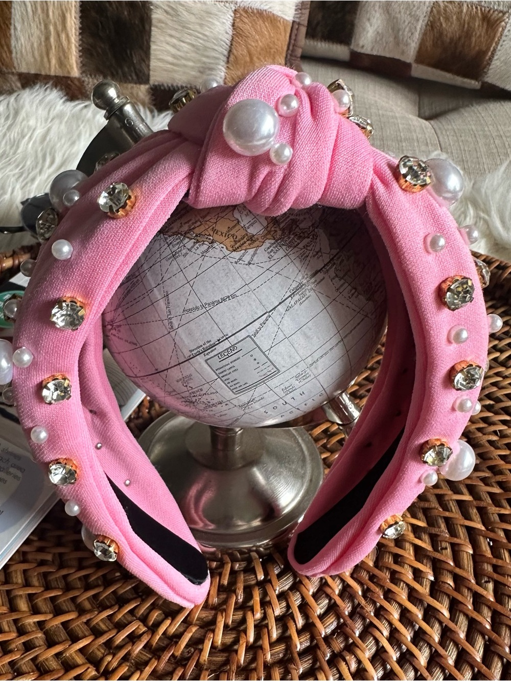 Embellished Knotted Pink Headband with Pearls and Rhinestones
